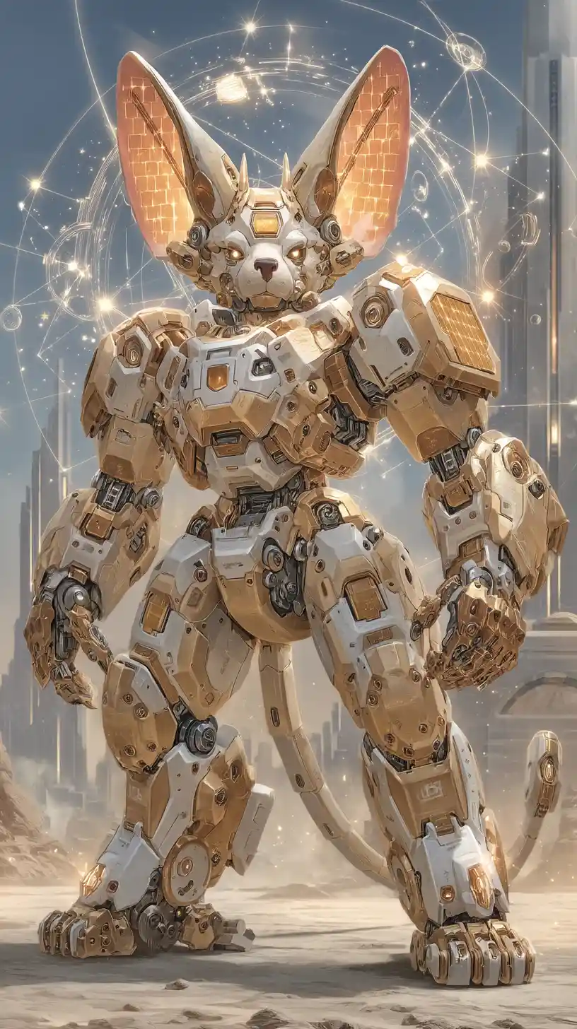 Heroic fox mecha with solar wings in desert sunrise