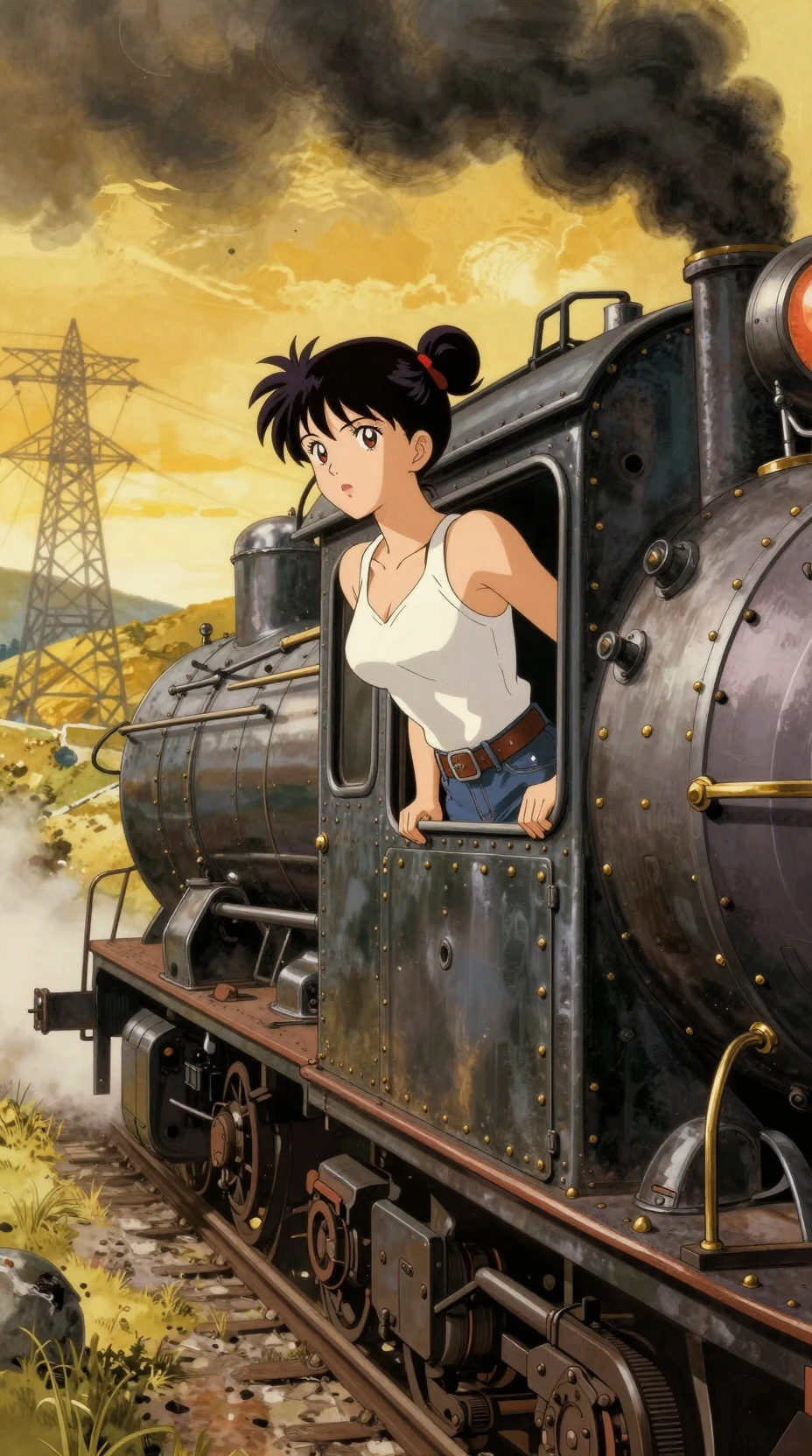 Anime girl leaning from armored steam train at sunset