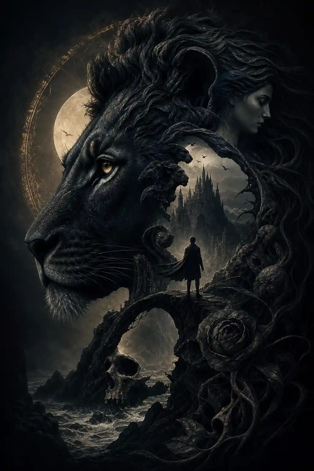 Surreal black lion illusion with layered hidden imagery