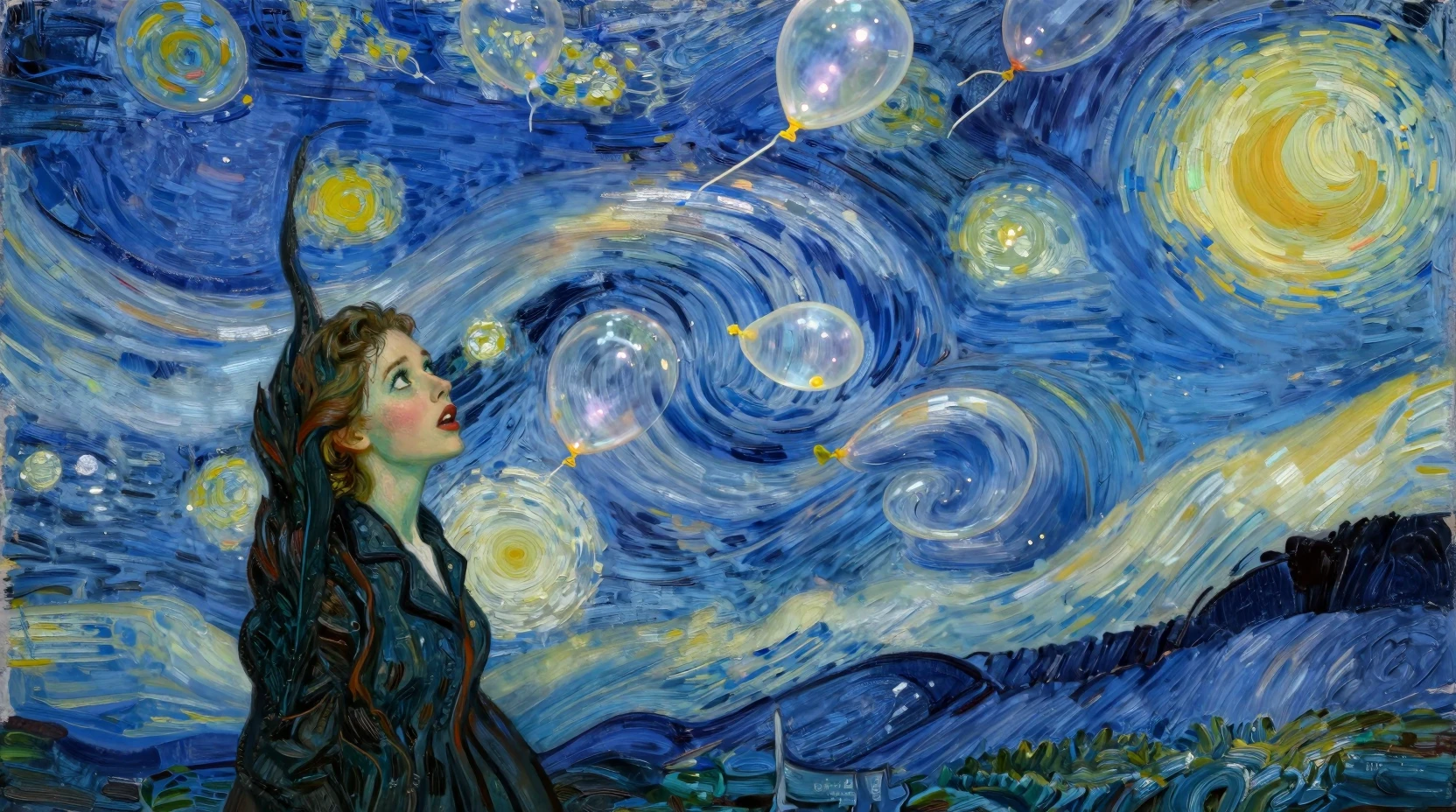 Whimsical woman gazing up at surreal glowing balloon rain