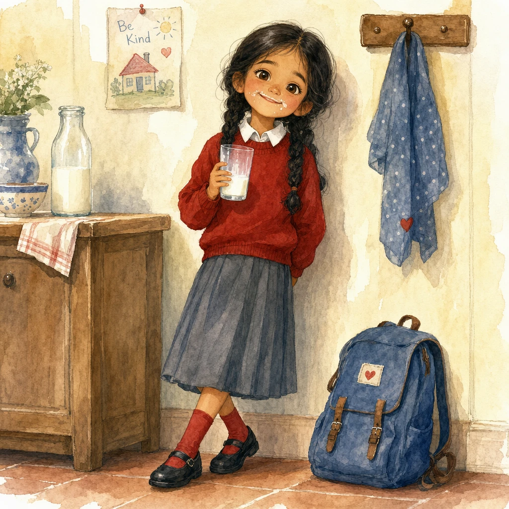 Menina com bigode de leite em ilustração em aquarela