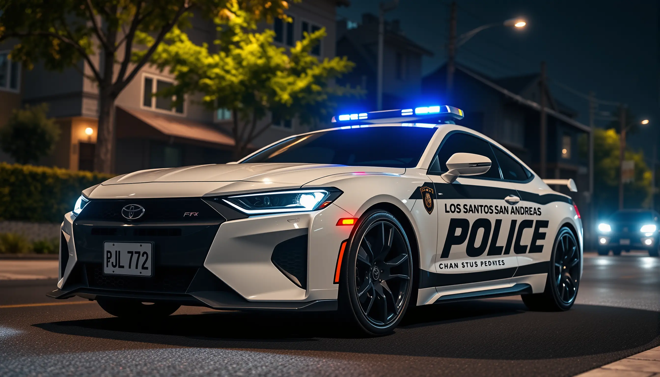 White police car with flashing lights on city street at night