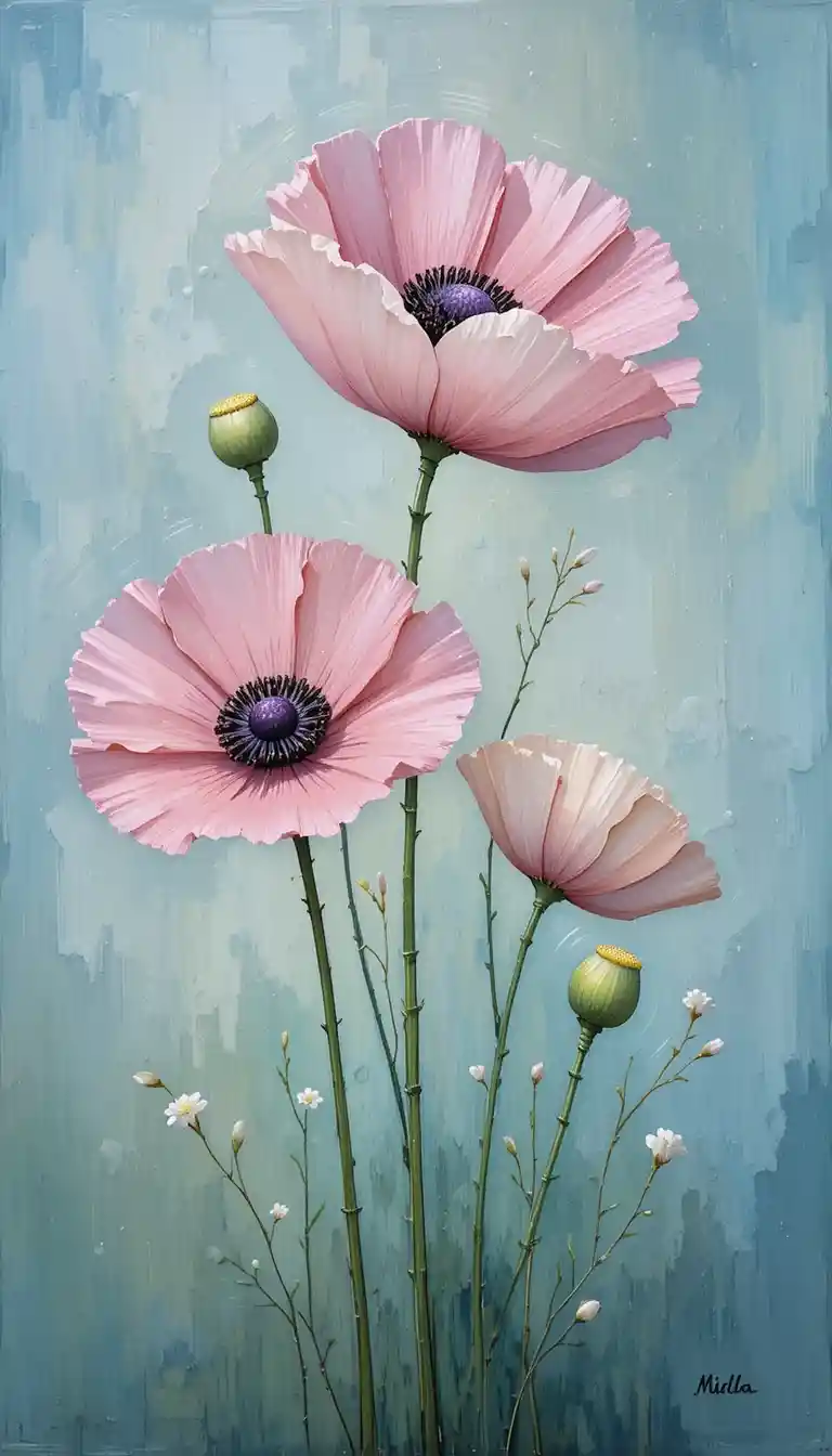 Pastel pink poppies against a dreamy blue green background