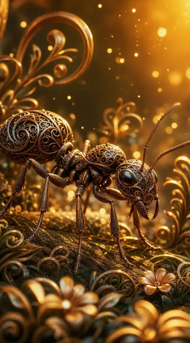 Metallic ant in an enchanted fantasy garden close up