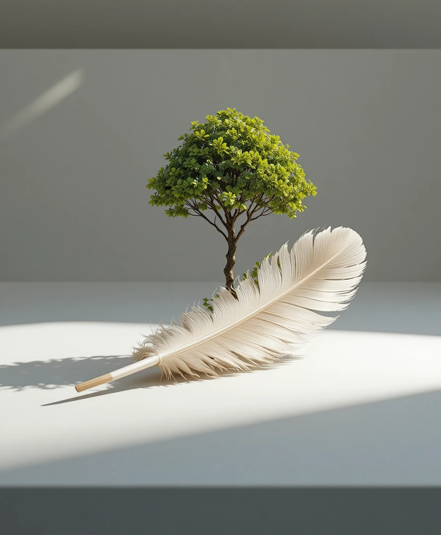 Surreal 3D feather morphing into a tiny green tree canopy