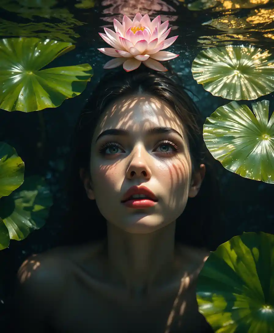Woman submerged under dark water with lotus and lily pads