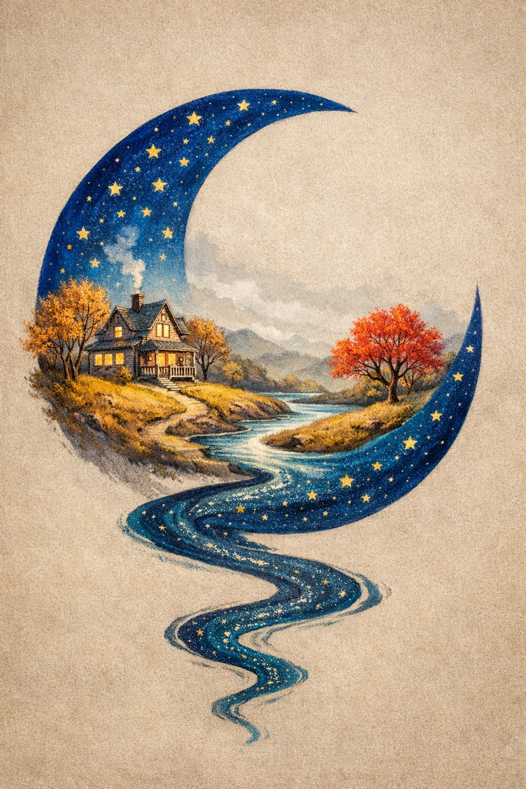 Surreal crescent moon framing a cozy hillside house
