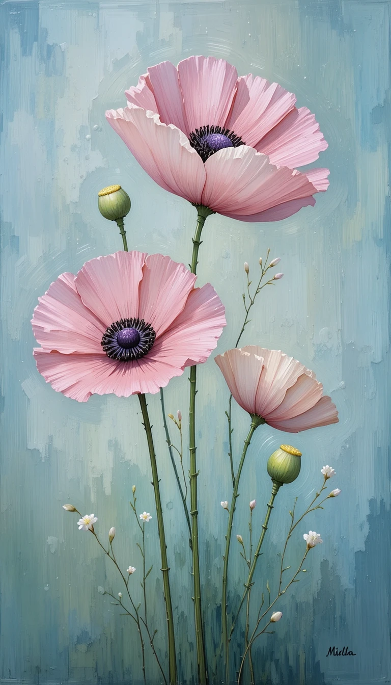 Pastel pink poppies against a dreamy blue green background
