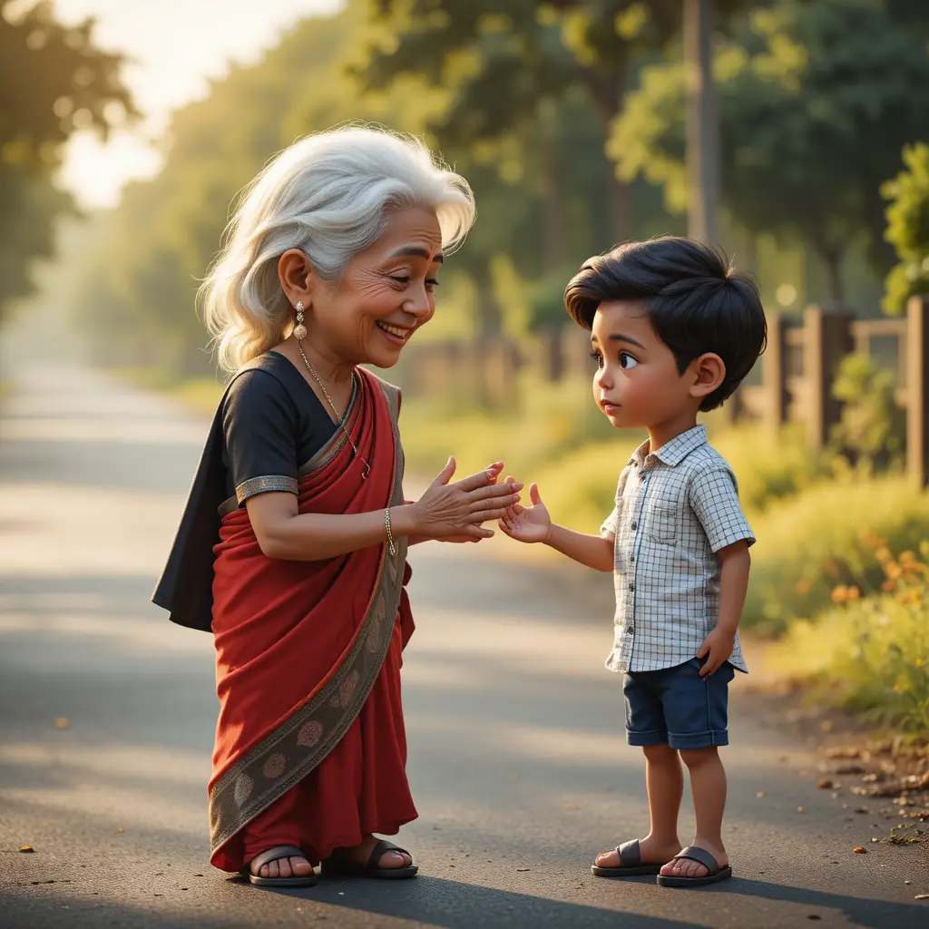 Grandmother Blessing A Young Boy By The Roadside