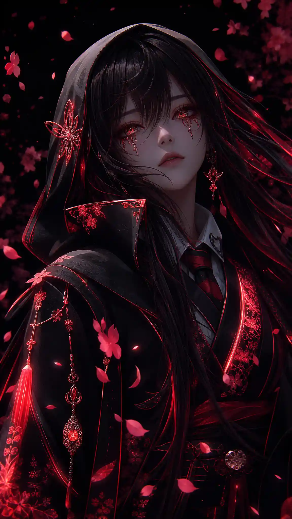 Somber anime girl in glowing black and red kimono portrait