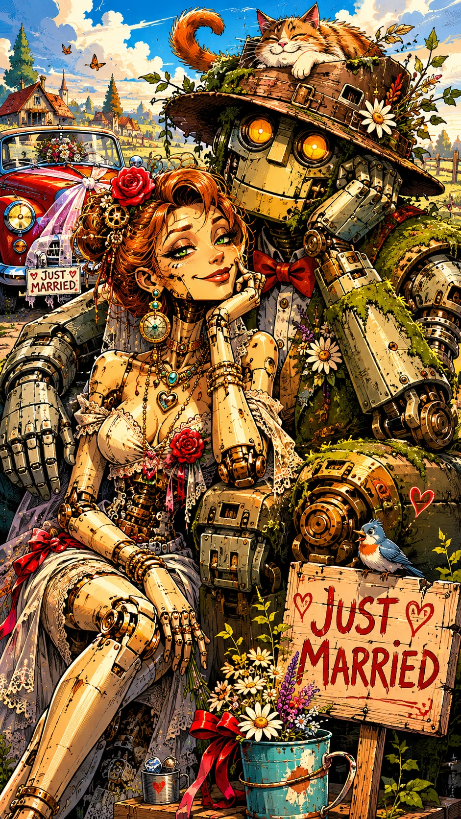 Cartoon robot woman with android giant in bright countryside