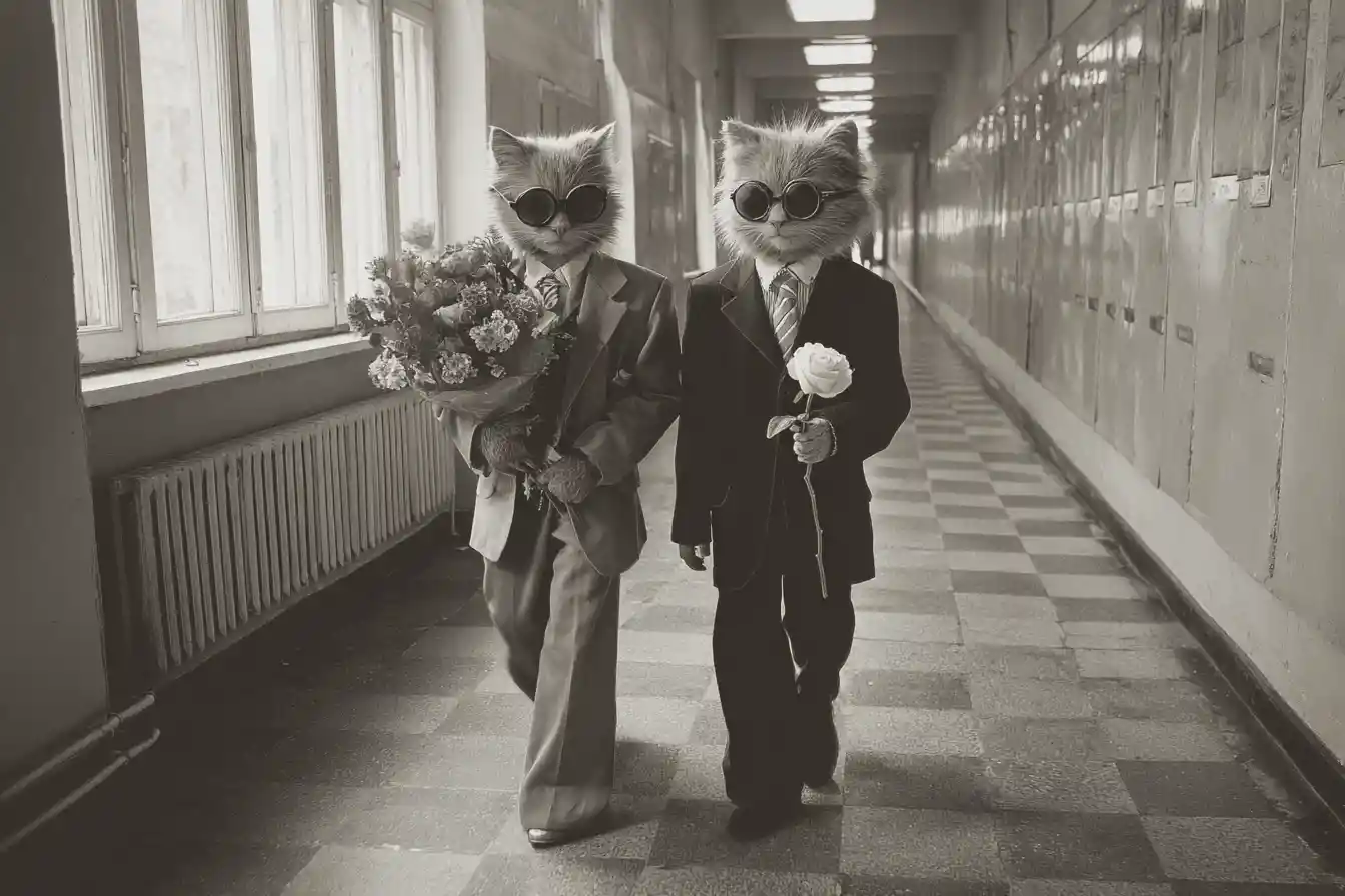 Anthropomorphic Cats In Suits Walking Down Vintage Hallway