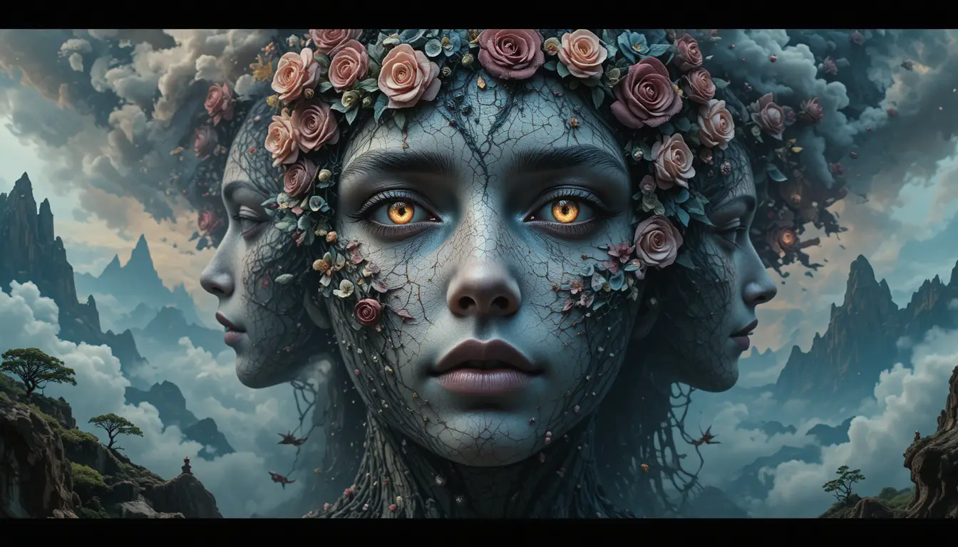 Surreal landscape of infinite layered human faces and forms