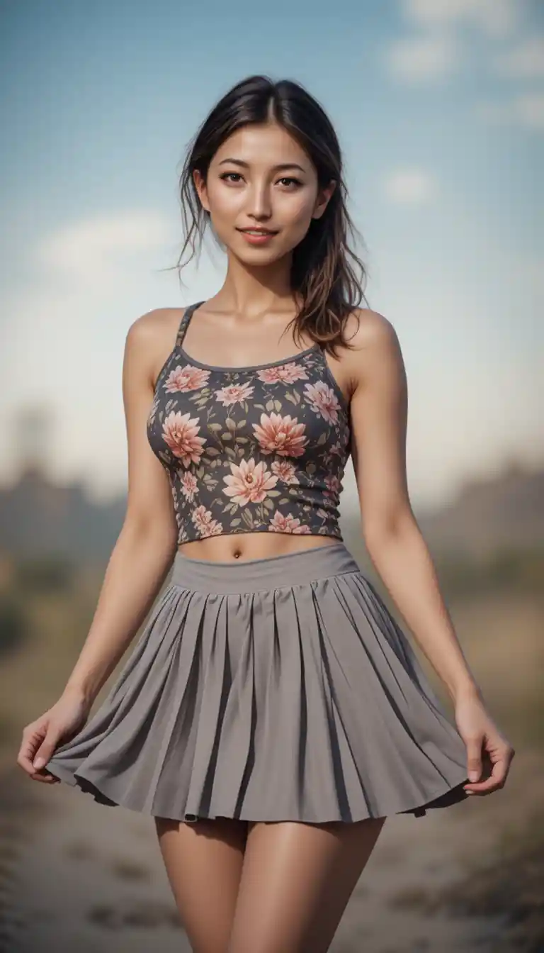 Confident woman in mini skirt posing against bright sky