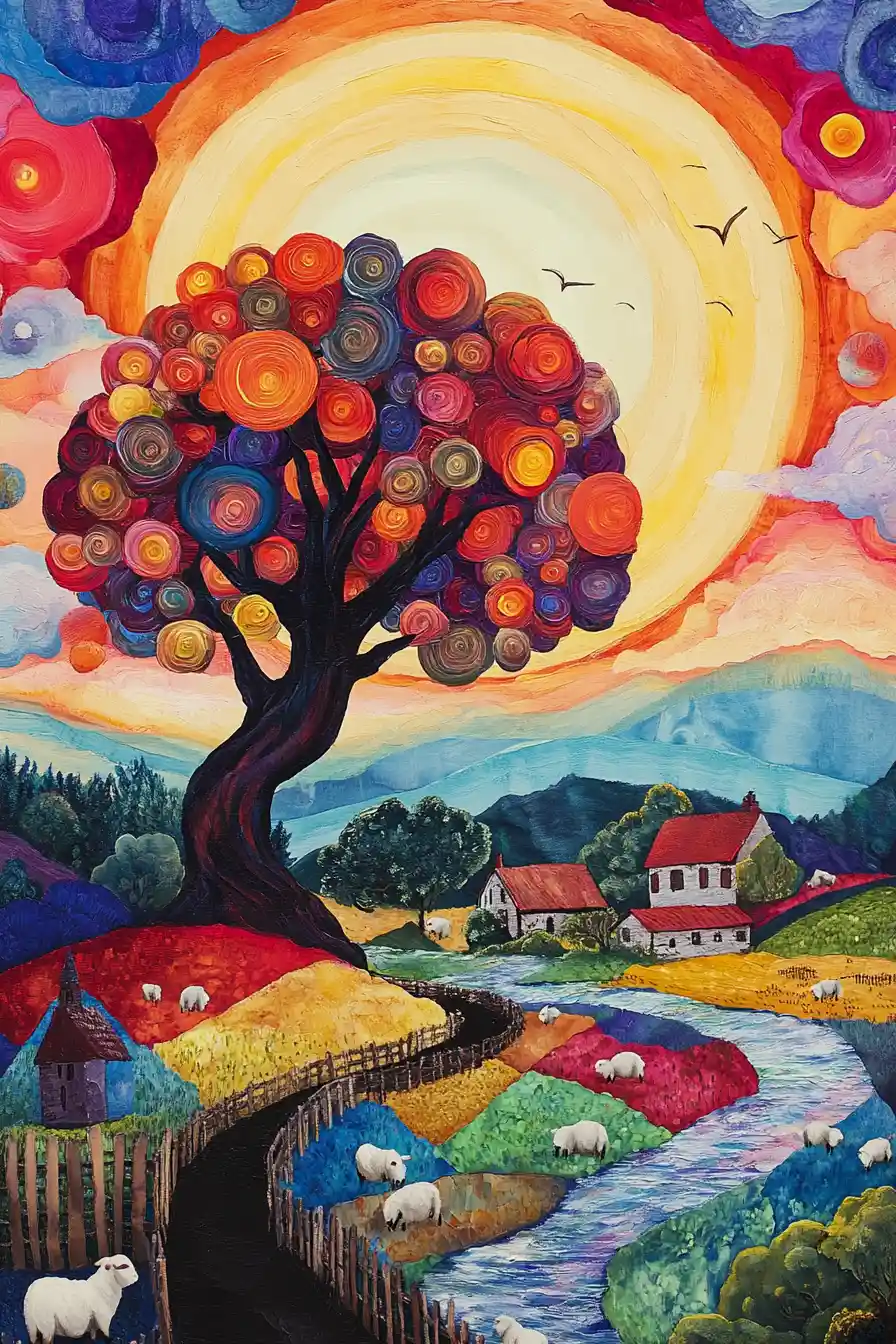 Vibrant fantasy countryside with red tree and glowing sun