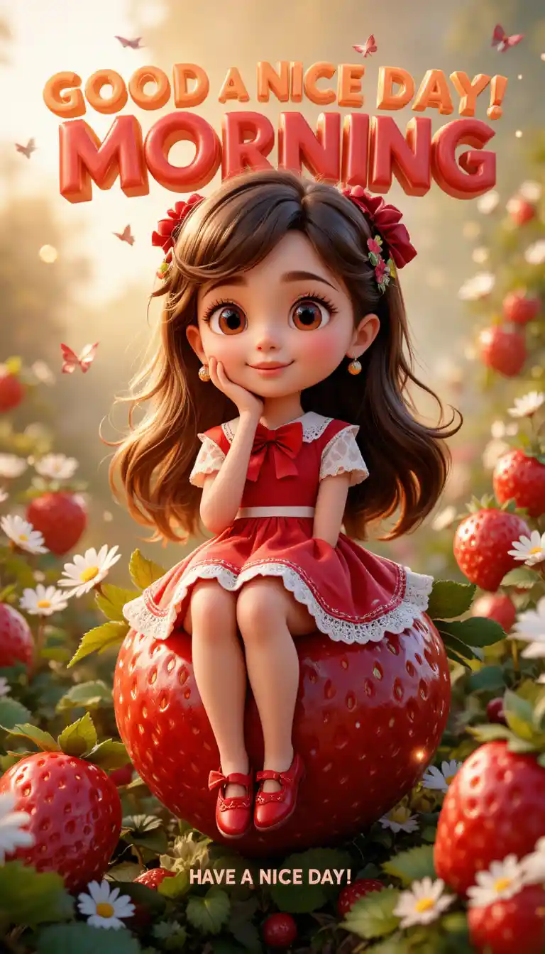 Little girl on a giant strawberry in a magical garden