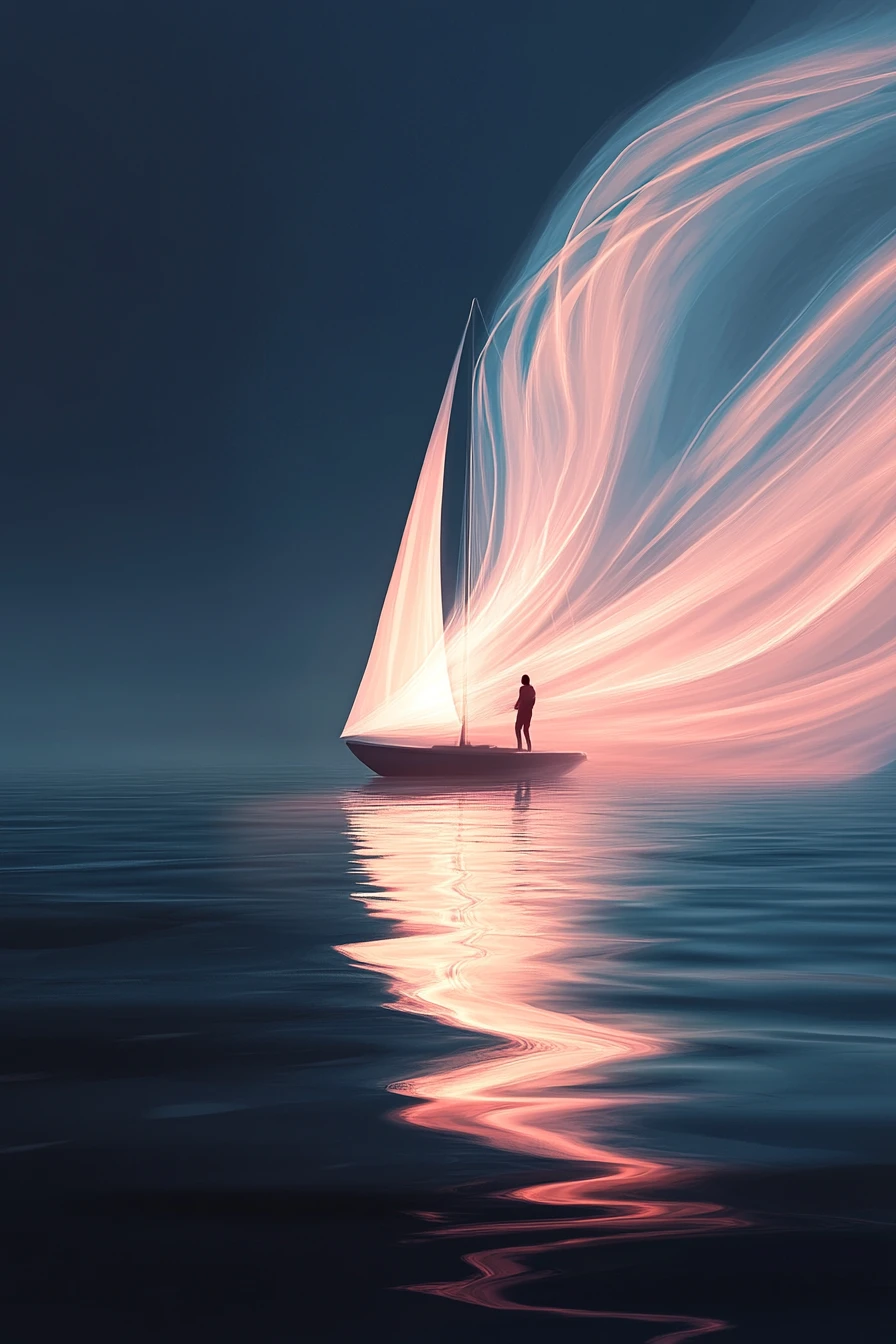 Minimalist Sailboat With Glowing Ribbon Sail On Dark Sea