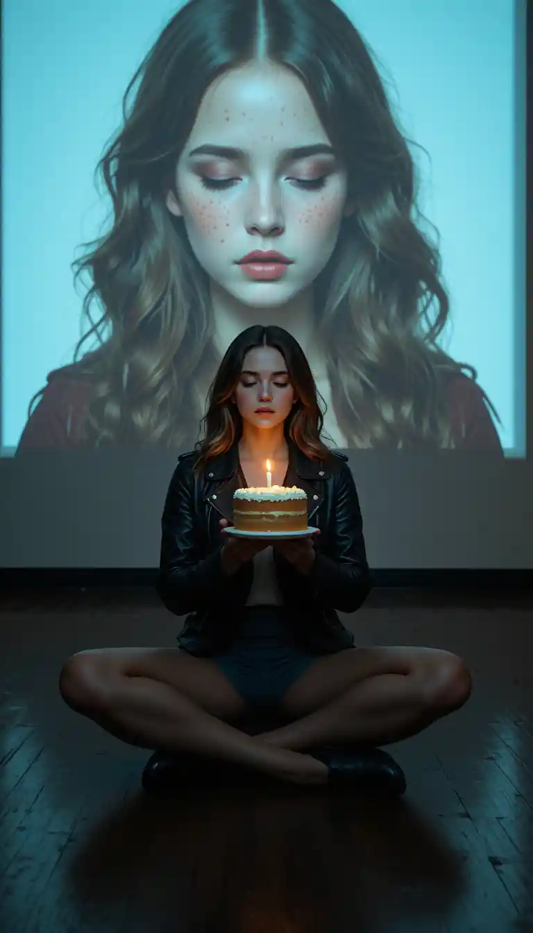 Young girl sitting on floor holding cake by wall projection