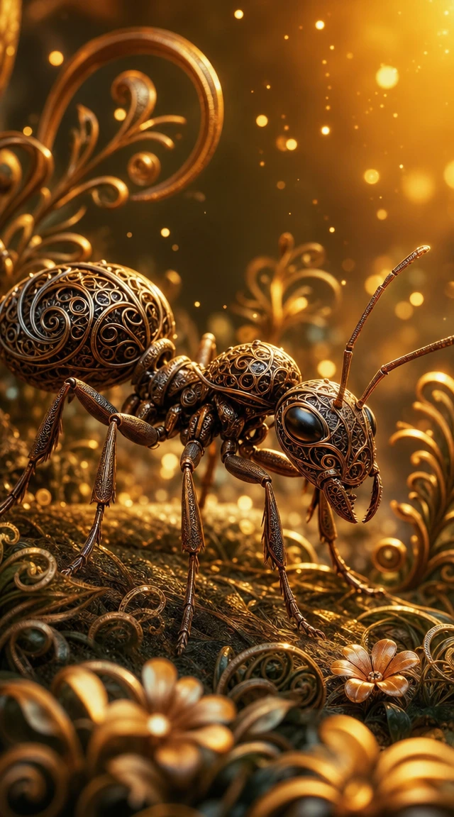 Metallic ant in an enchanted fantasy garden close up