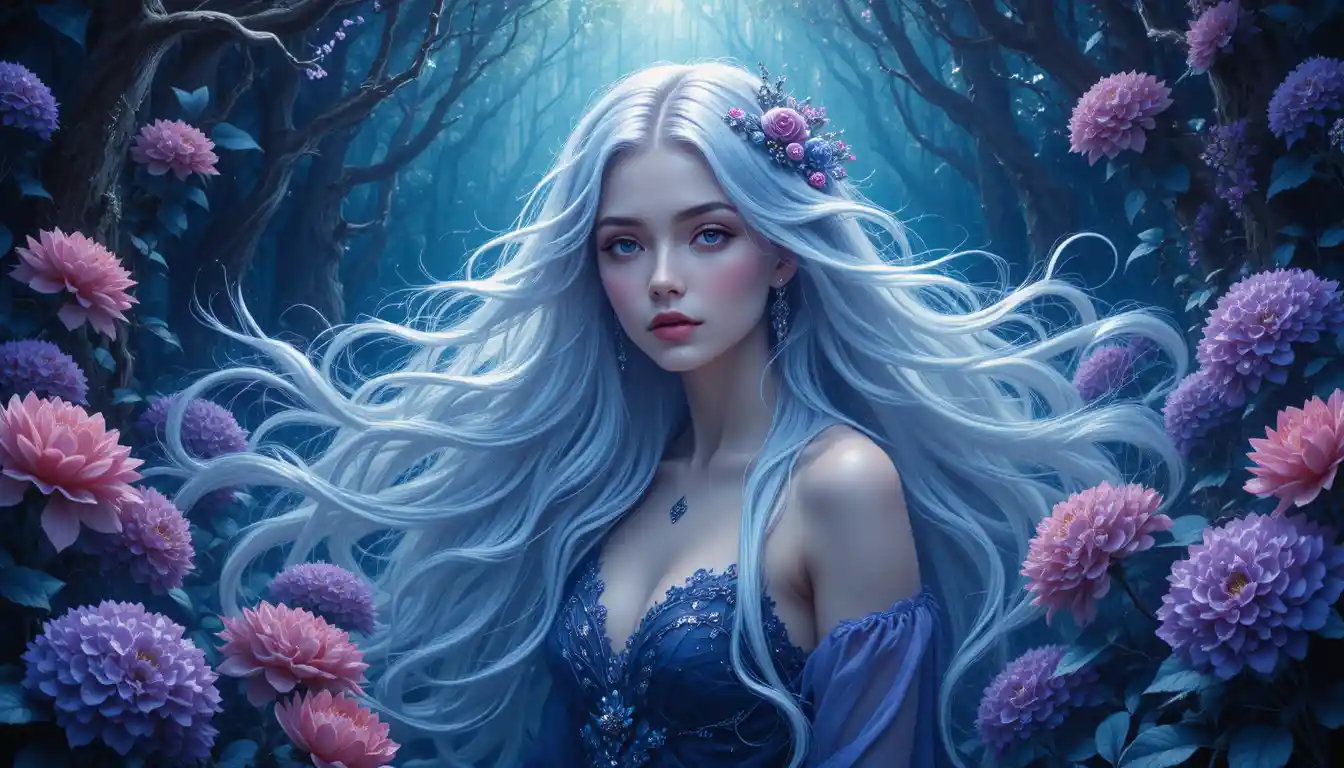 Silver haired goddess in flowers in an enchanted forest
