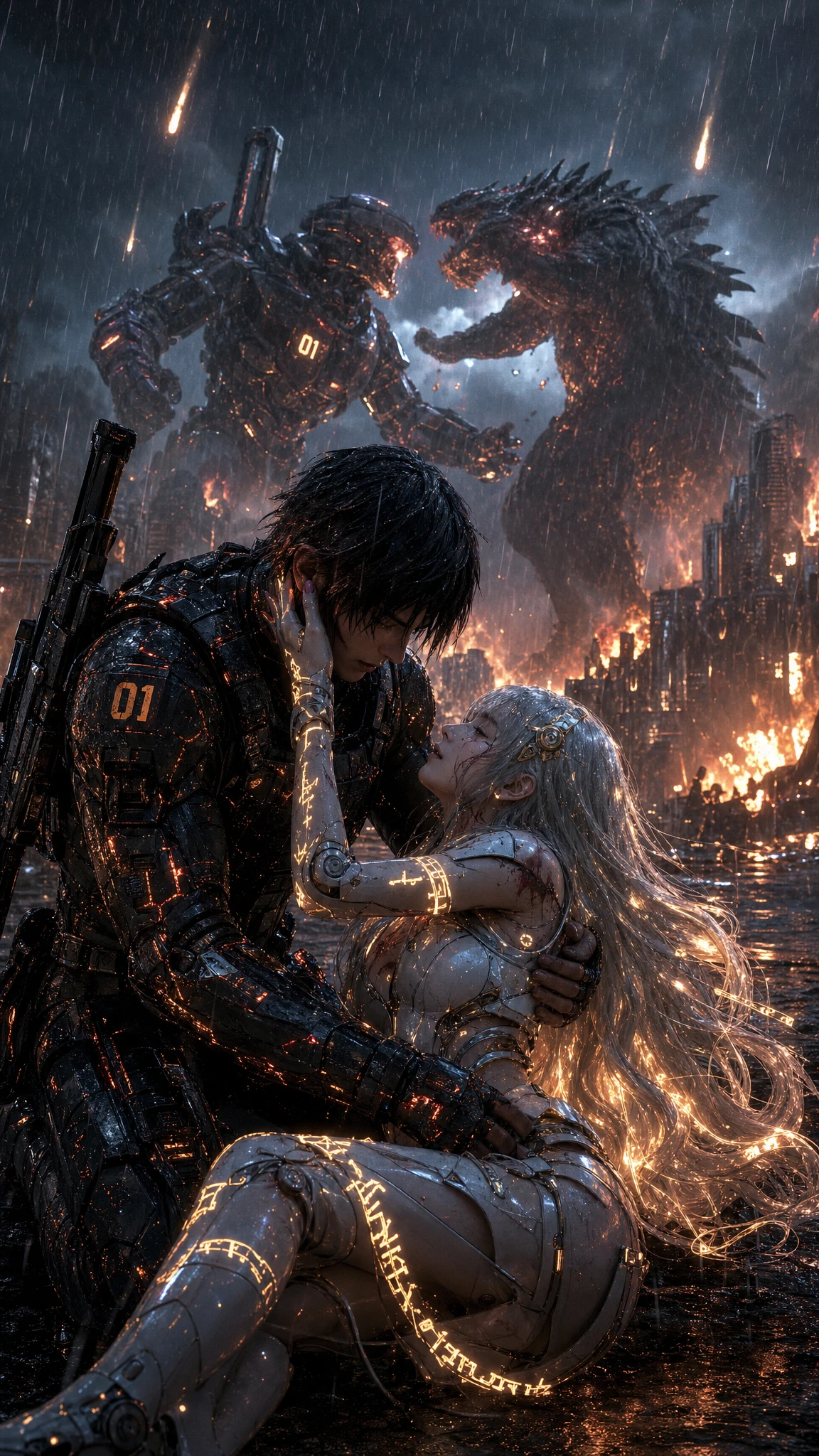 Crying soldier in armor holding dying cybernetic idol