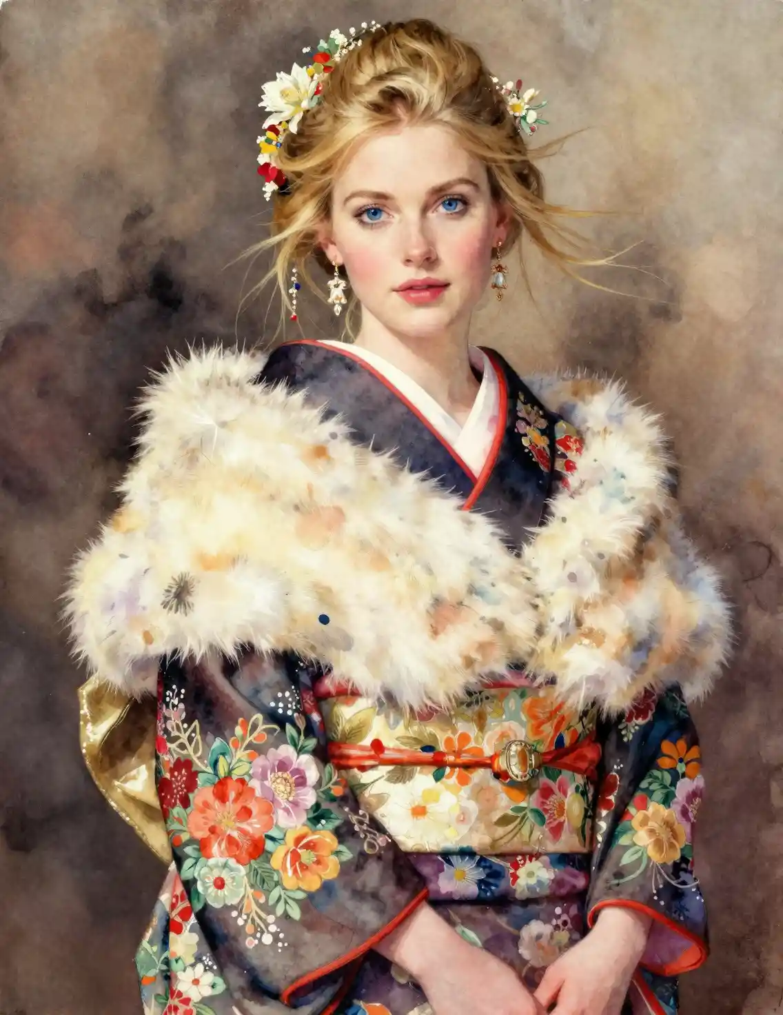 Elegant woman in floral furisode watercolor portrait
