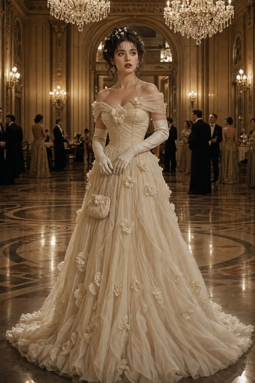 Elegant woman in cream gown at mansion ballroom dance