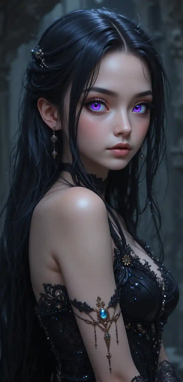 Dark anime spirit girl with luminous violet eyes