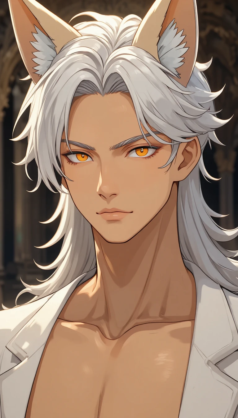 Elegant fox eared anime man with silver hair and tails