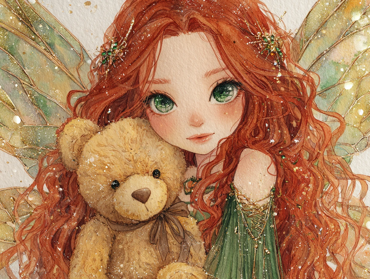 Fairy cradling a worn teddy bear under an autumn tree