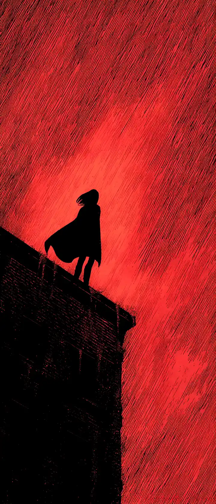Anime woman on rainy rooftop watching victory fade away