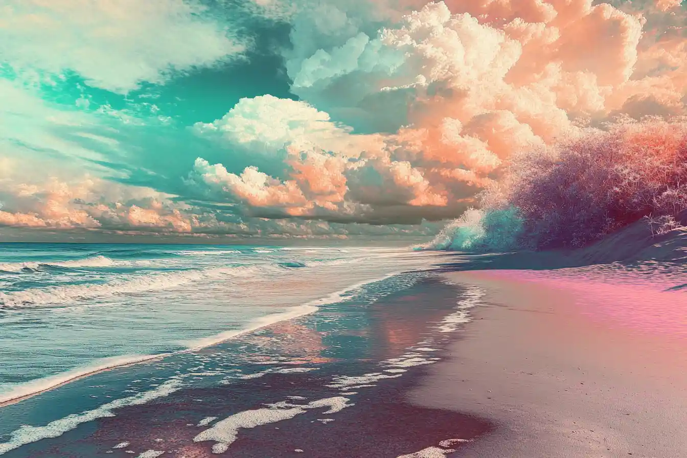 Surreal serene beachside in pastel and metallic tones