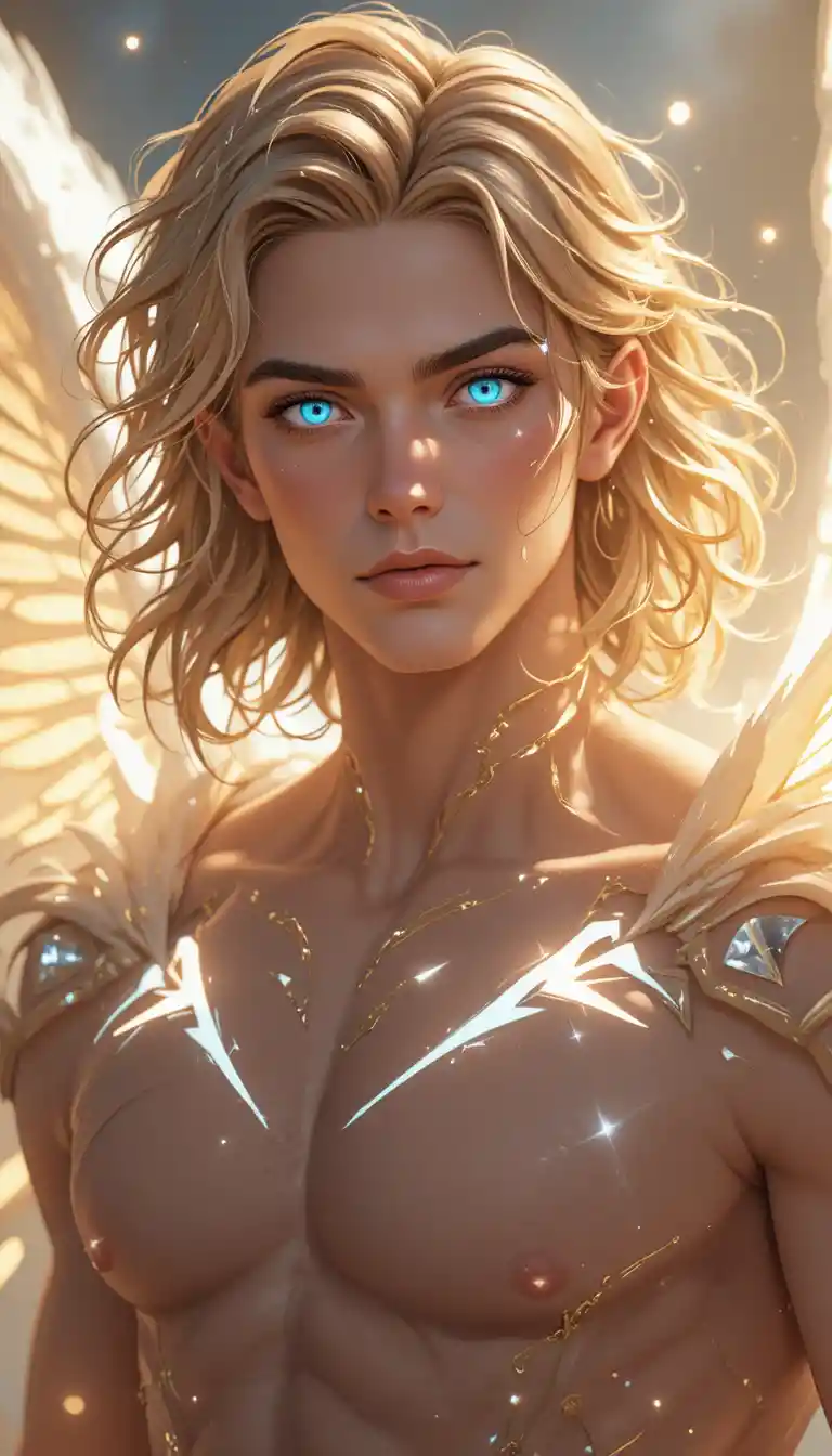 Angelic young man with glowing wings in anime style