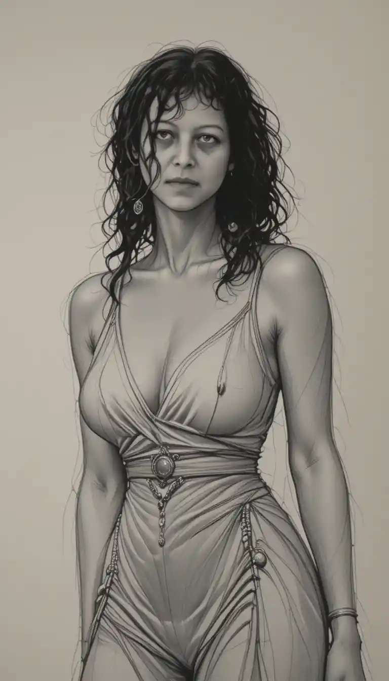 Portrait au crayon d’une belle femme en tenue moderne