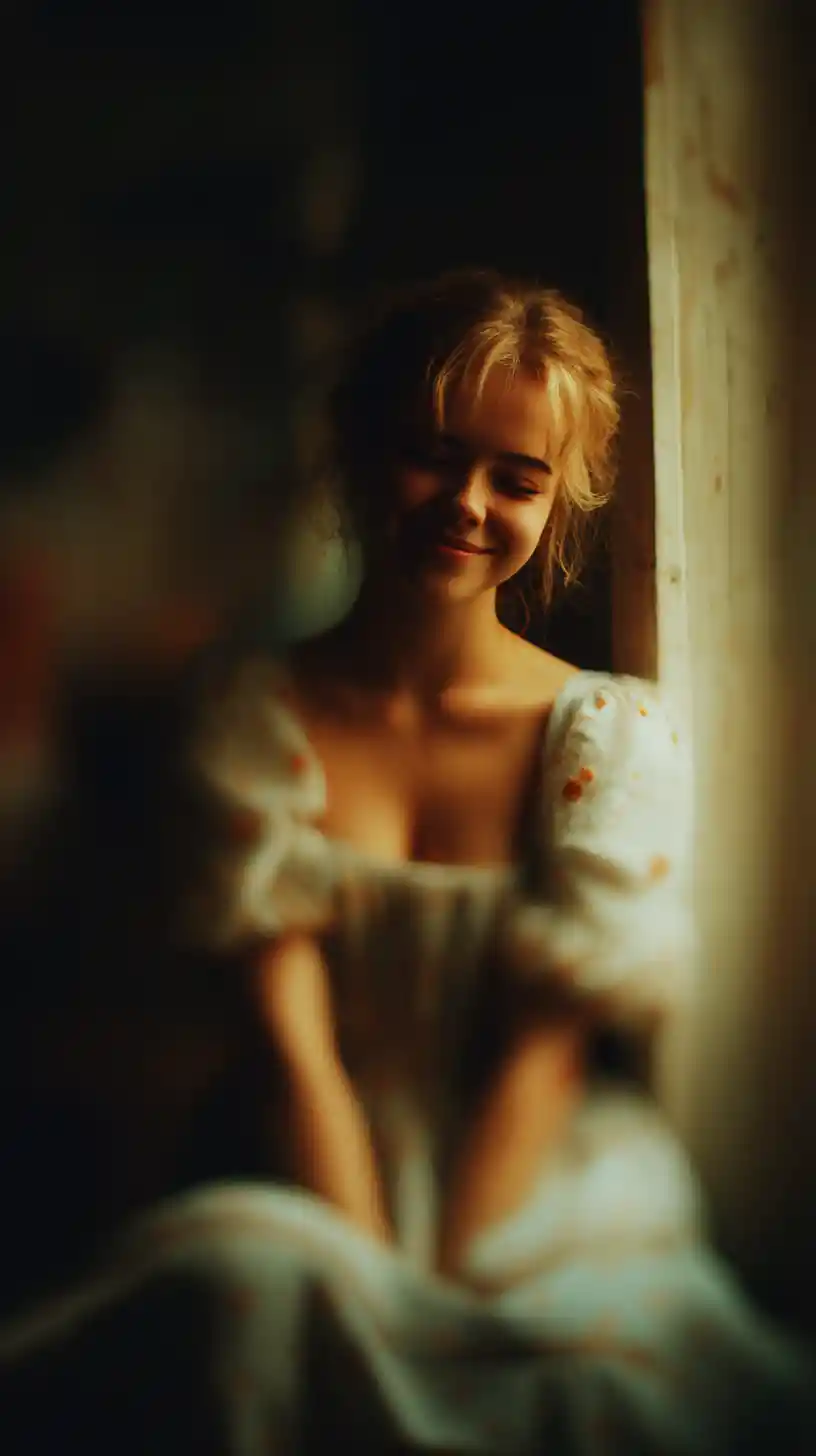 Soft blurry selfie of a blonde woman by a window