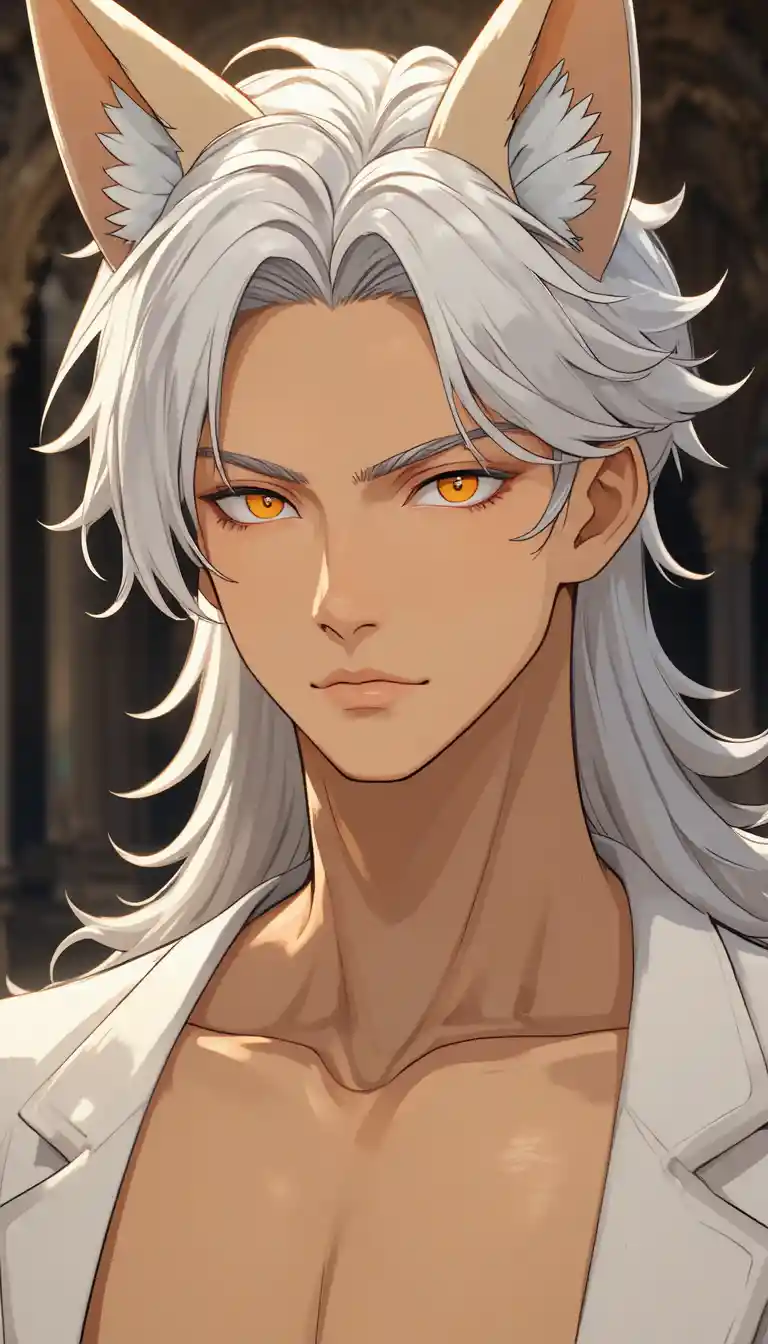 Elegant fox eared anime man with silver hair and tails
