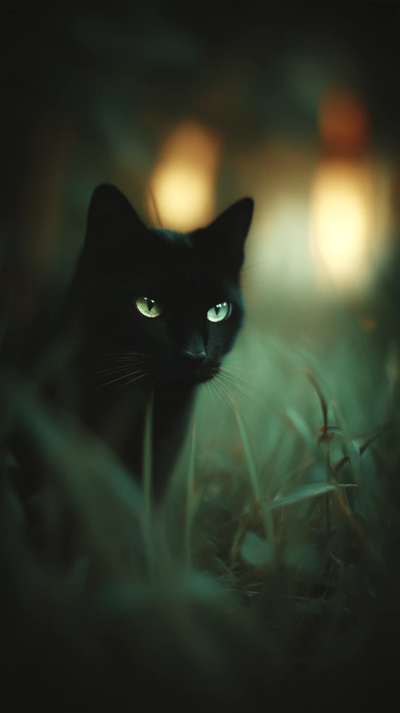 Black cat staring from deep green forest shadows