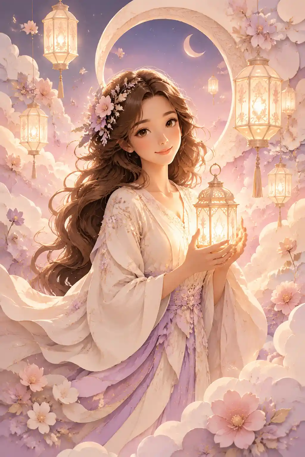 Gentle girl among glowing lanterns and pastel clouds