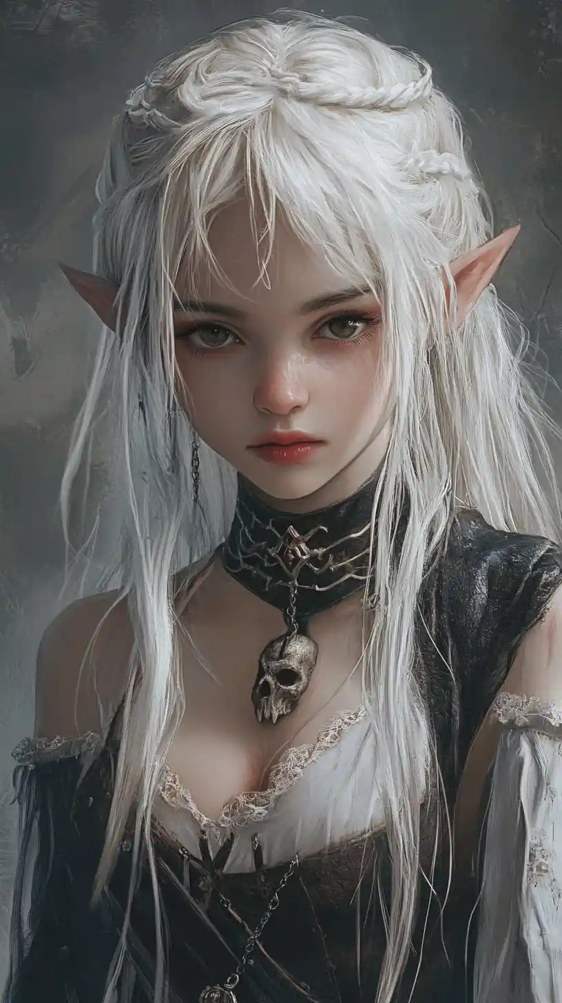 Stoic elf girl in layered tribal fantasy clothing
