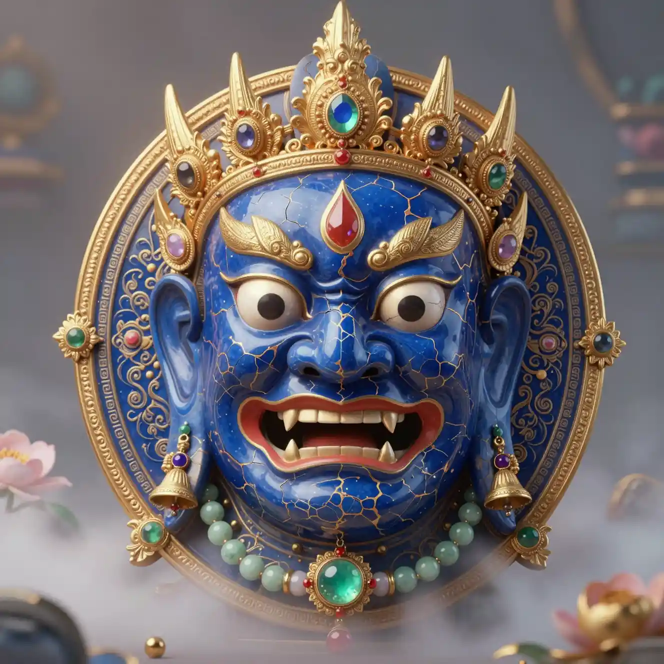 Blue kintsugi demon mask with ornate tibetan floral details