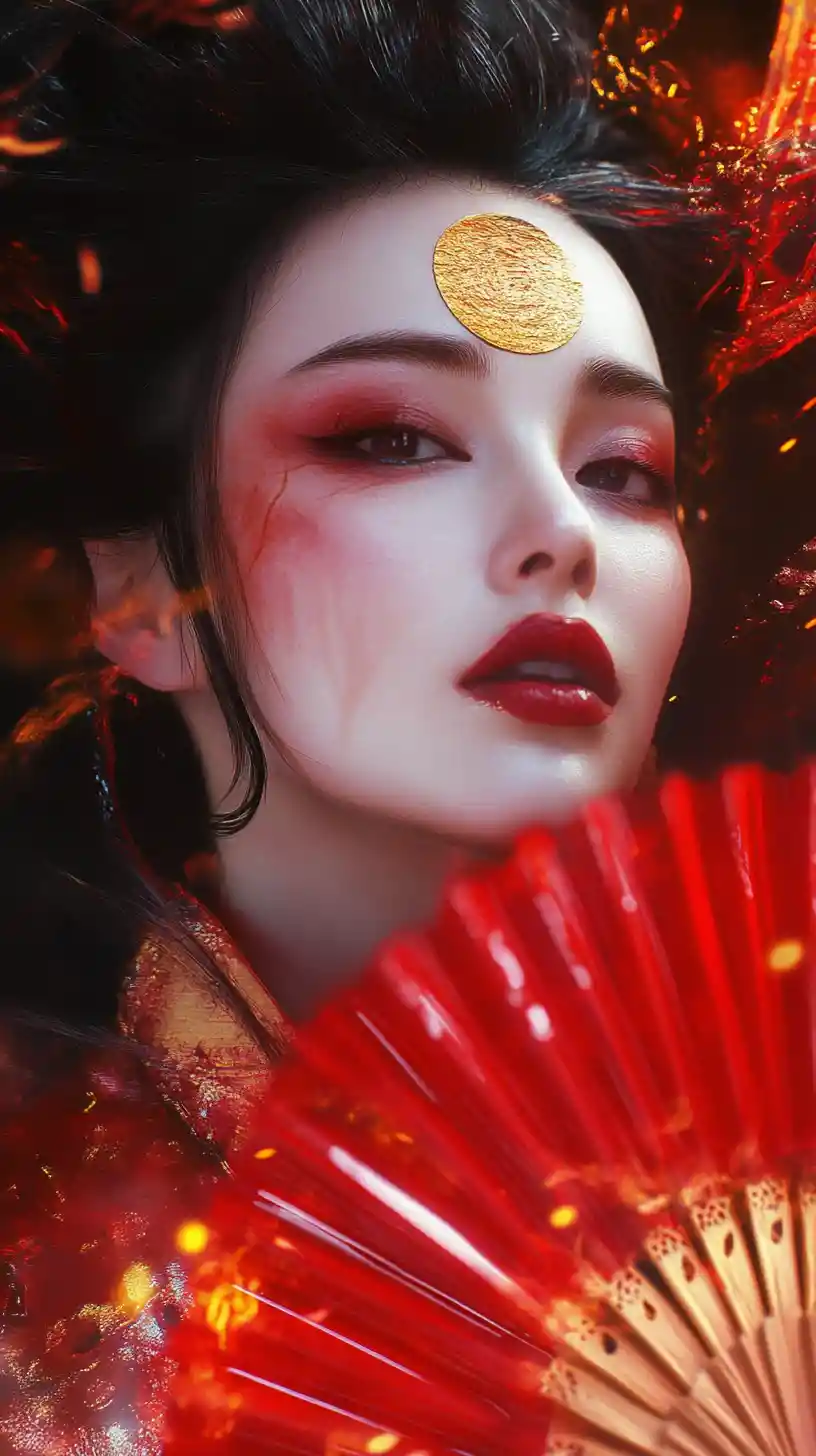 Contemplative geisha portrait with red fan and golden marks