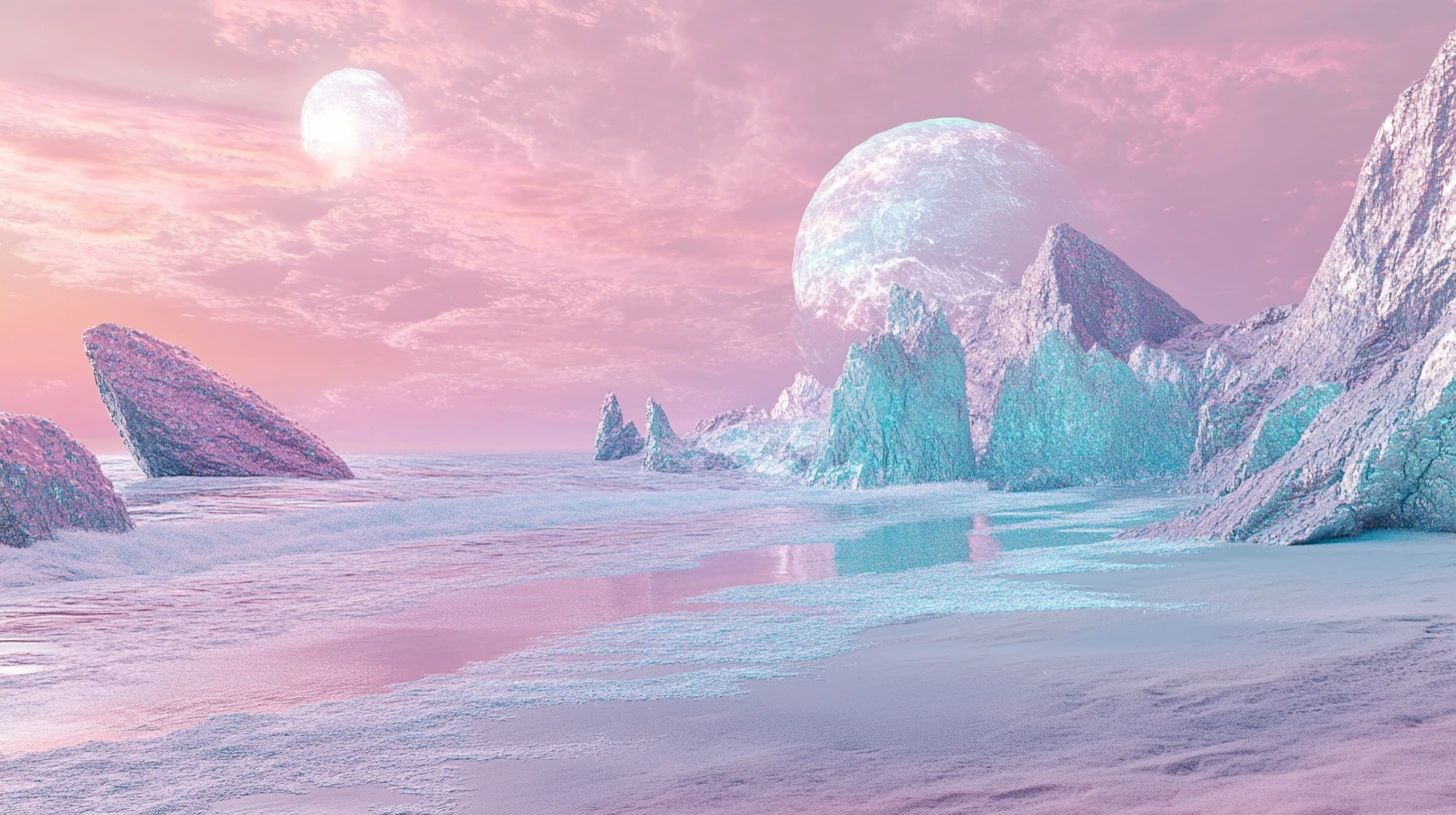 Surreal serene beachside in pastel metallic colors