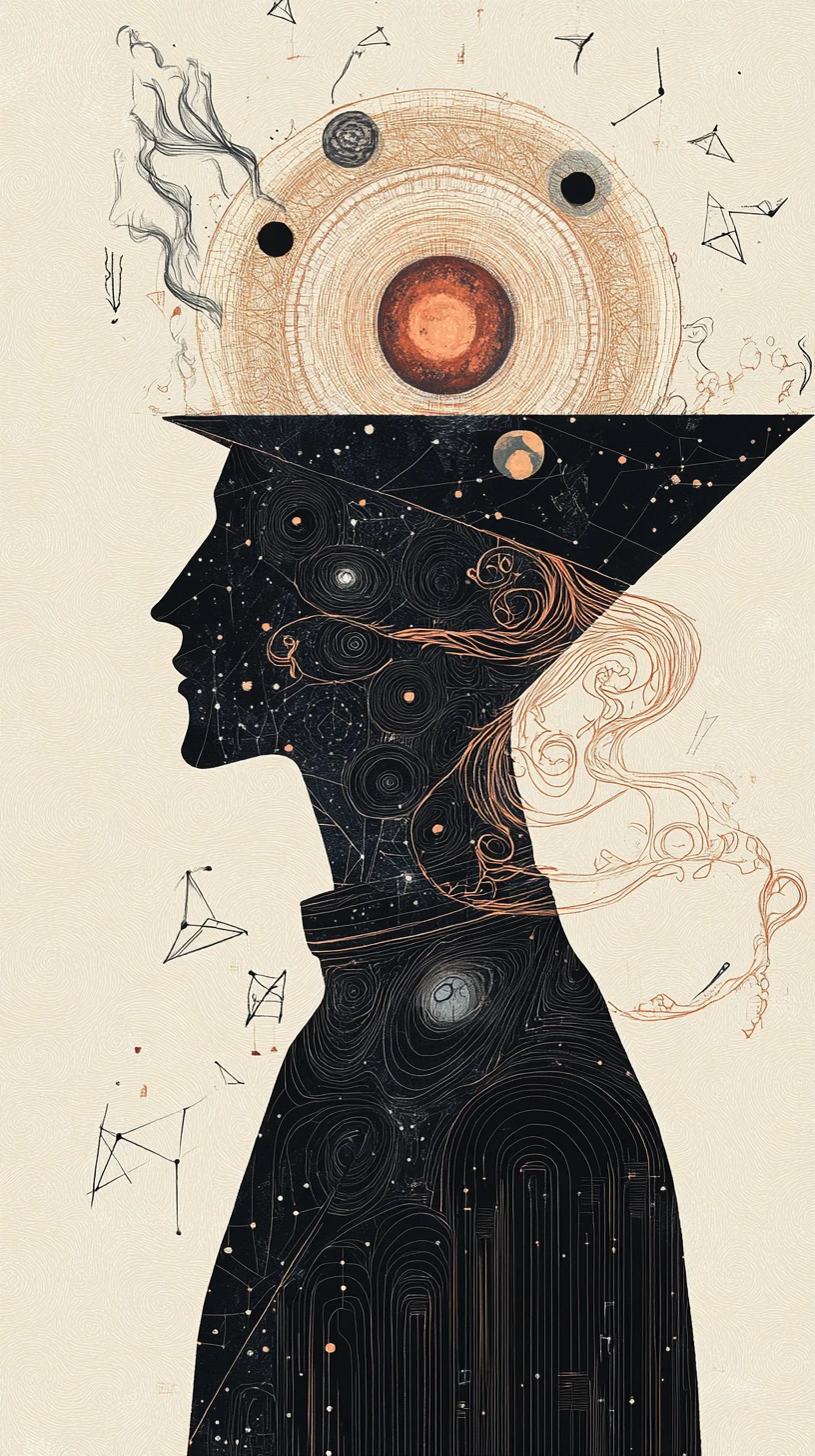 Surreal Oracle In Profile With Halo And Geometric Realities