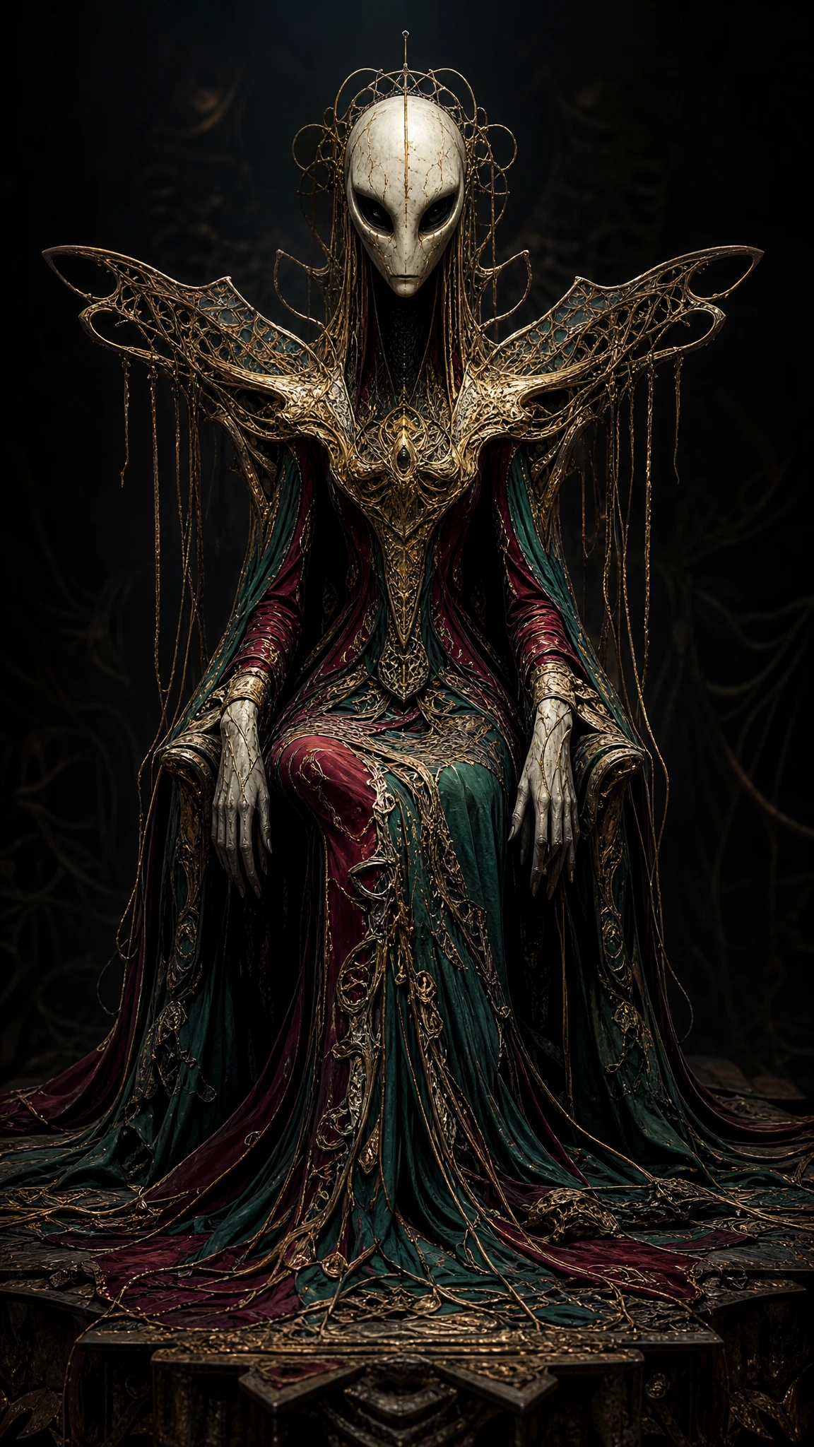 Surreal alien figure on a throne in a dark void