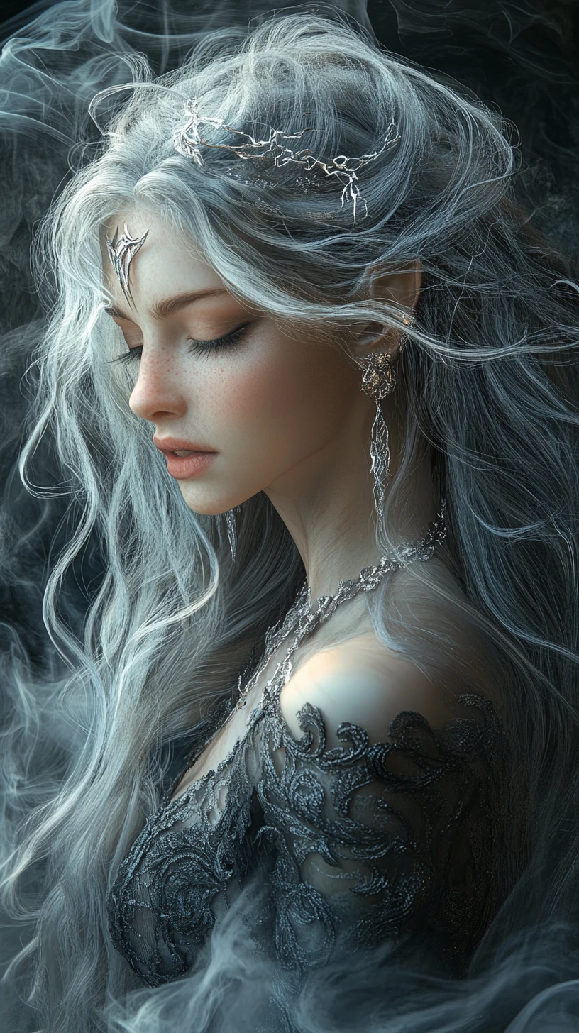 Ethereal silver haired fantasy woman in misty shadows