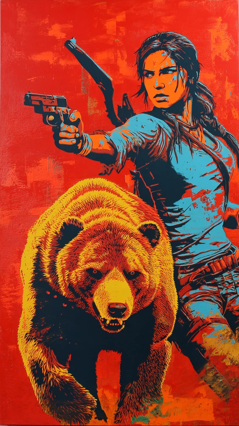Guerriera di fronte a un orso in audace stile fumetto