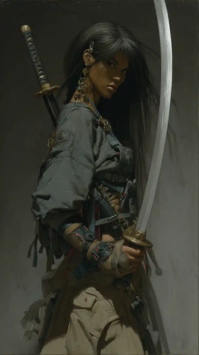 Woman warrior holding a Japanese sword in cinematic style