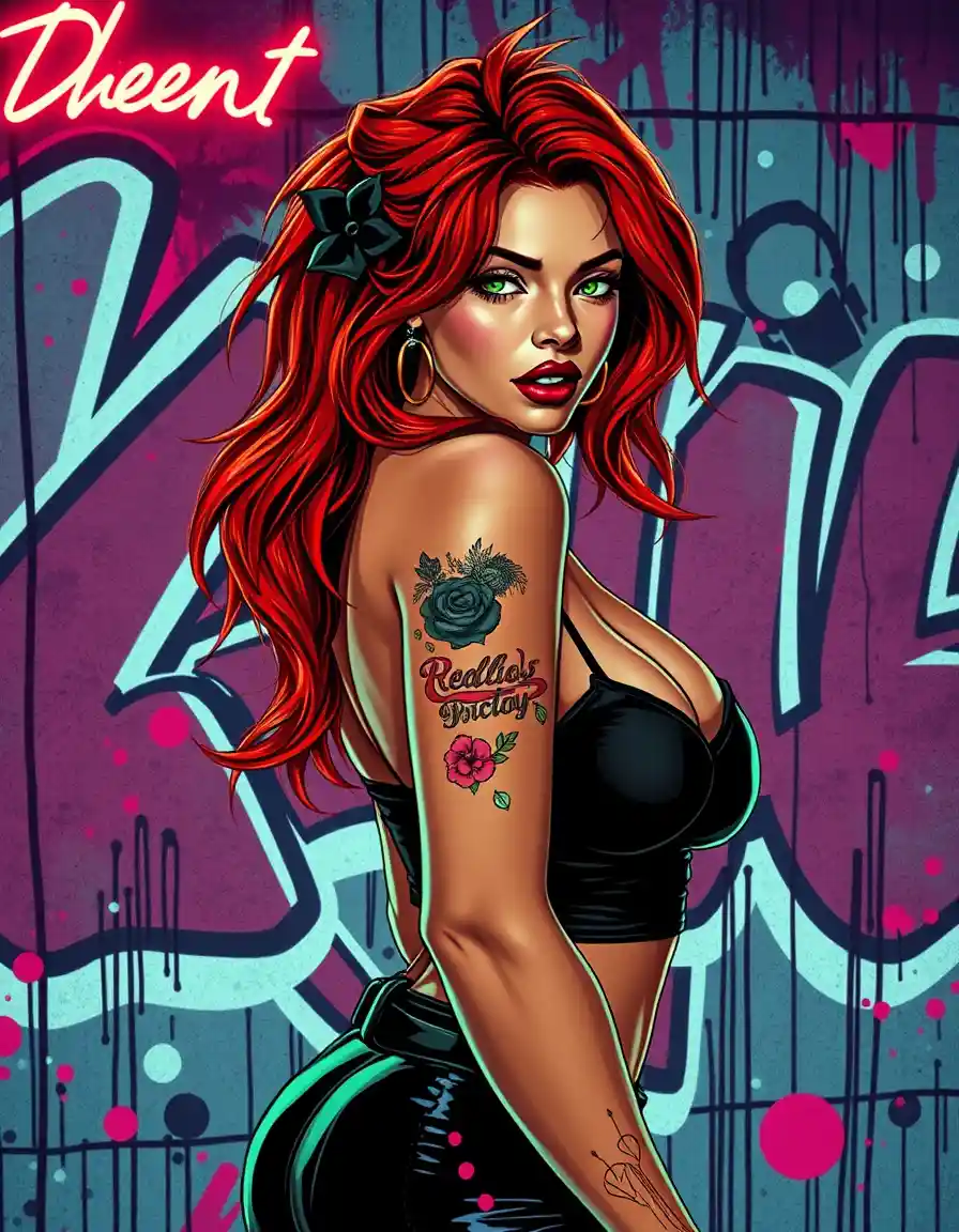 Sultry redhead posing in neon lit nightclub graffiti scene
