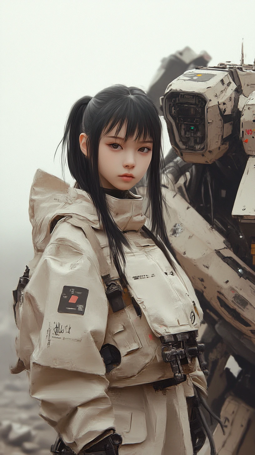 Girl in tactical coat standing before towering sci fi mech