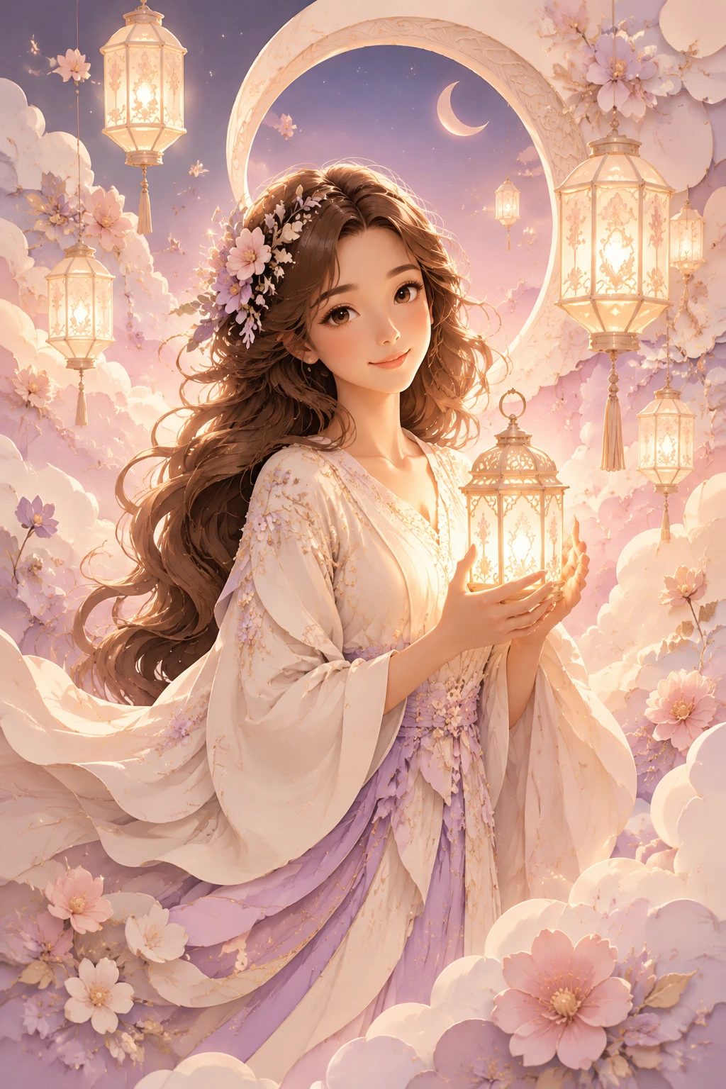 Gentle girl among glowing lanterns and pastel clouds